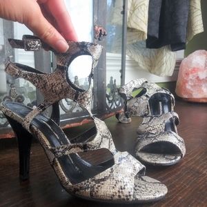 Carmen Cutout Snake Print Ankle Strap High Heels